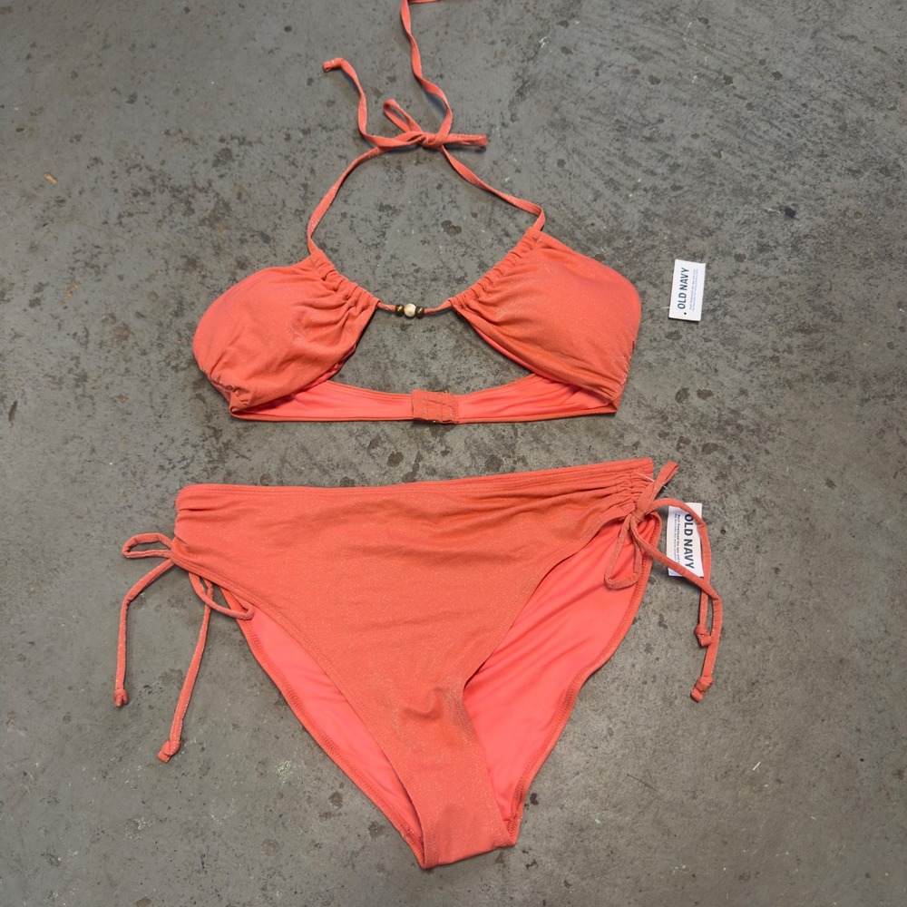 Old Navy Womens Coral Orange Shimmer Halter Bikini Set Mid Rise Side Tie L